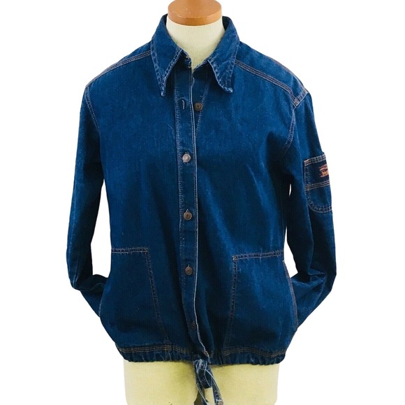 Vtg Womens L Levis Denim Light Jacket Button Front Drawstring Hem Cursive L Logo - Picture 1 of 12